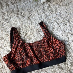 Black and Orange Patterned spider web athletic gym sporty cute Sports Bra